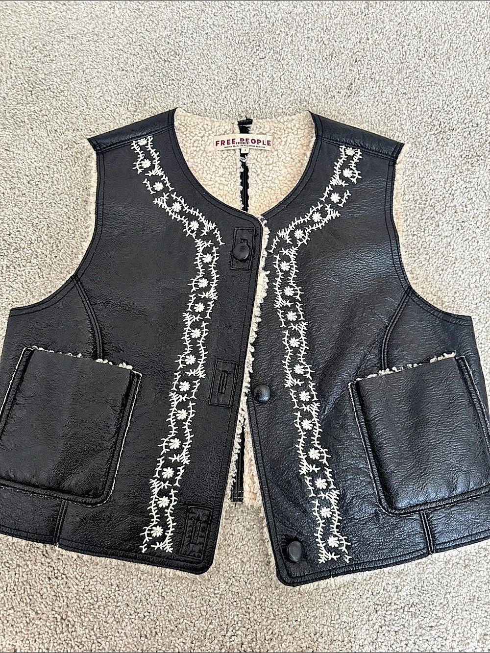 Free People Floral Embroidered Leather-Look Vest Black & Cream Small